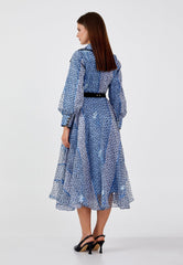 D9200 Blue Spotted A - Line Midi Dress - La Elegant