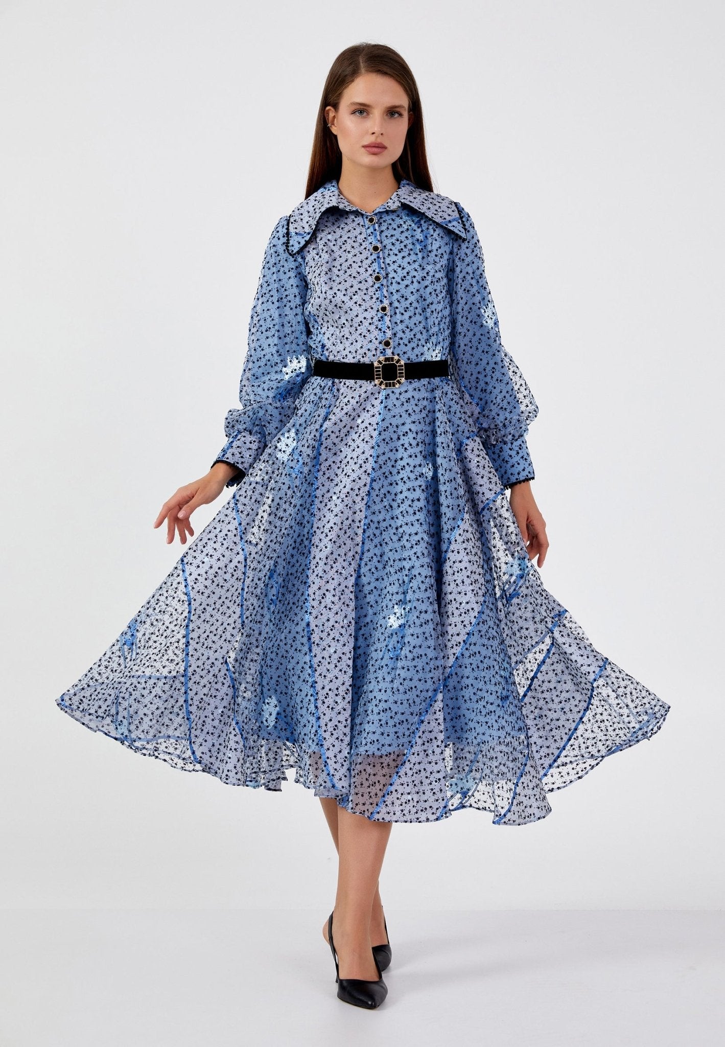 D9200 Blue Spotted A - Line Midi Dress - La Elegant