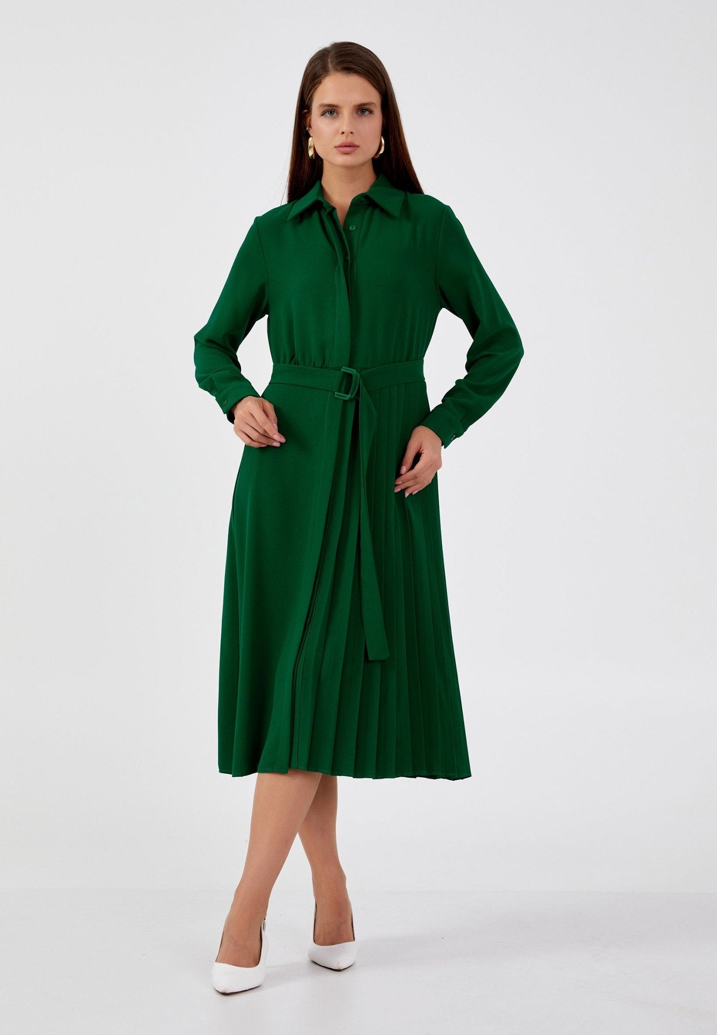 D9201 Green Pleated Midi Dress - La Elegant