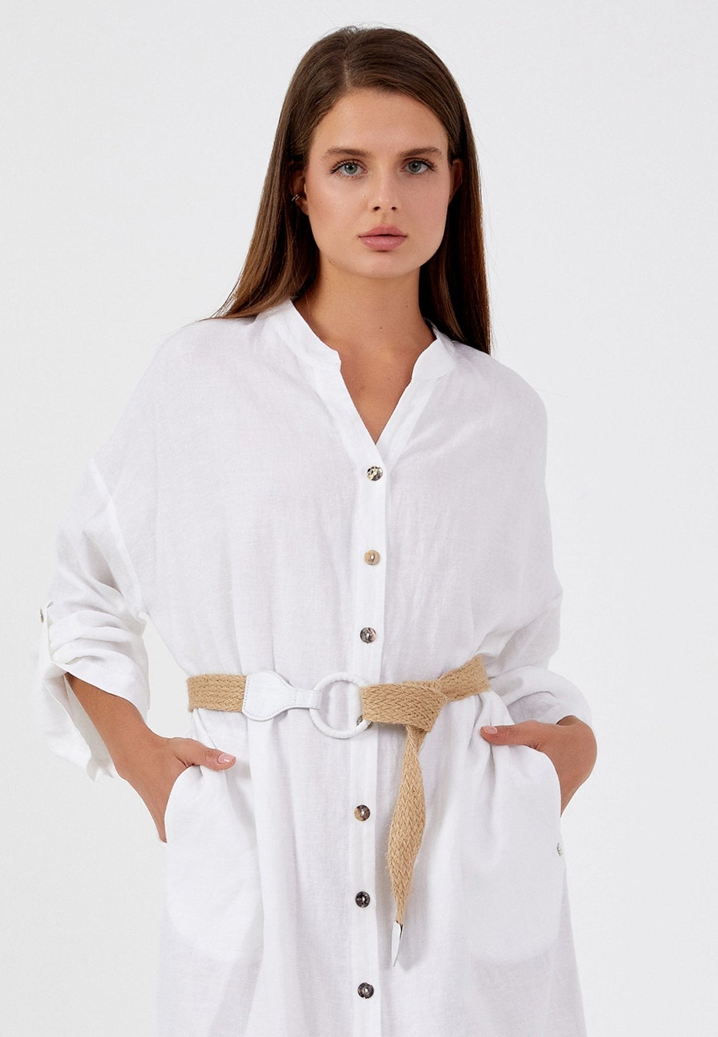 D9203 White Casual Shirt Dress - La Elegant