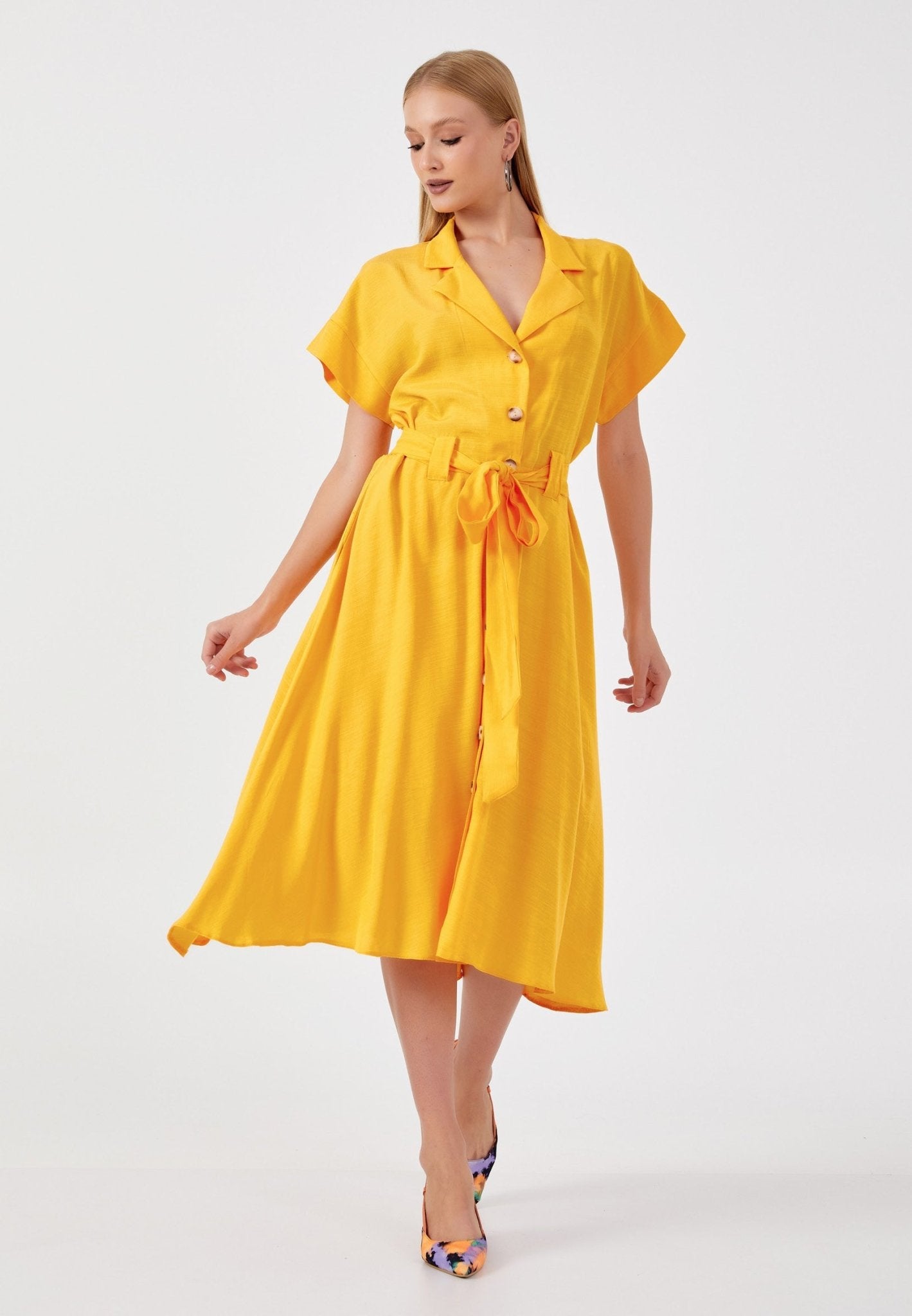 D9204 Yellow Linen Midi Dress - La Elegant