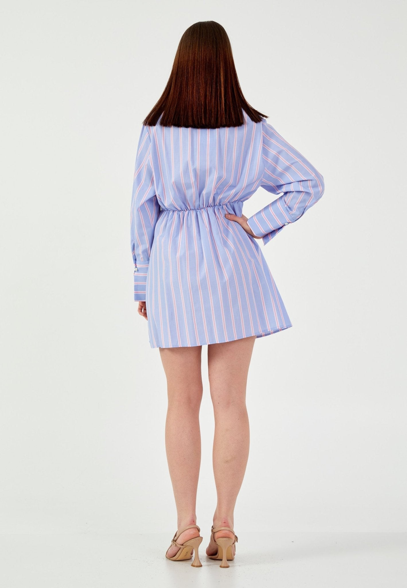 D9205 Long Sleeve Blue Striped Shirt Dress - La Elegant