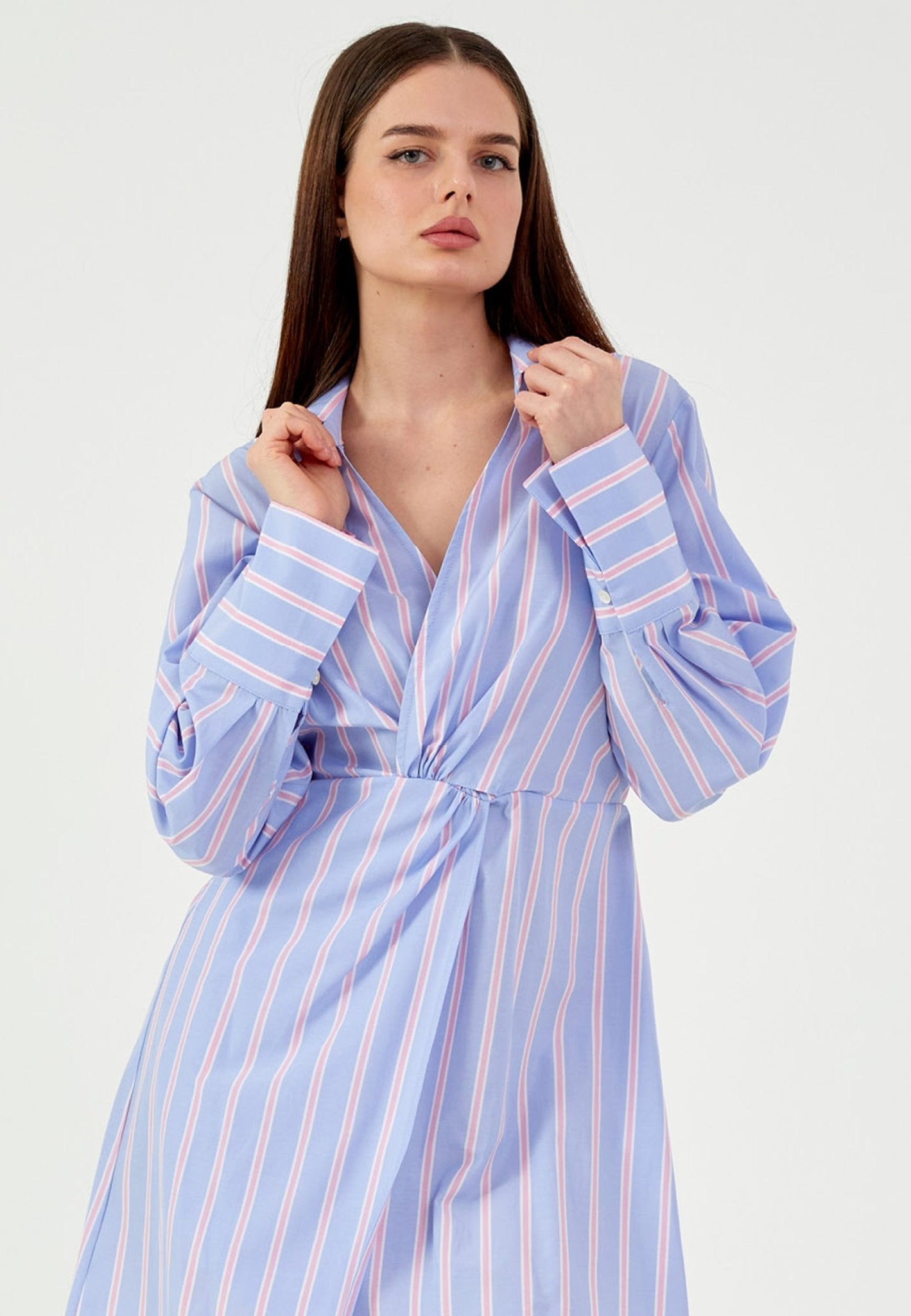 D9205 Long Sleeve Blue Striped Shirt Dress - La Elegant