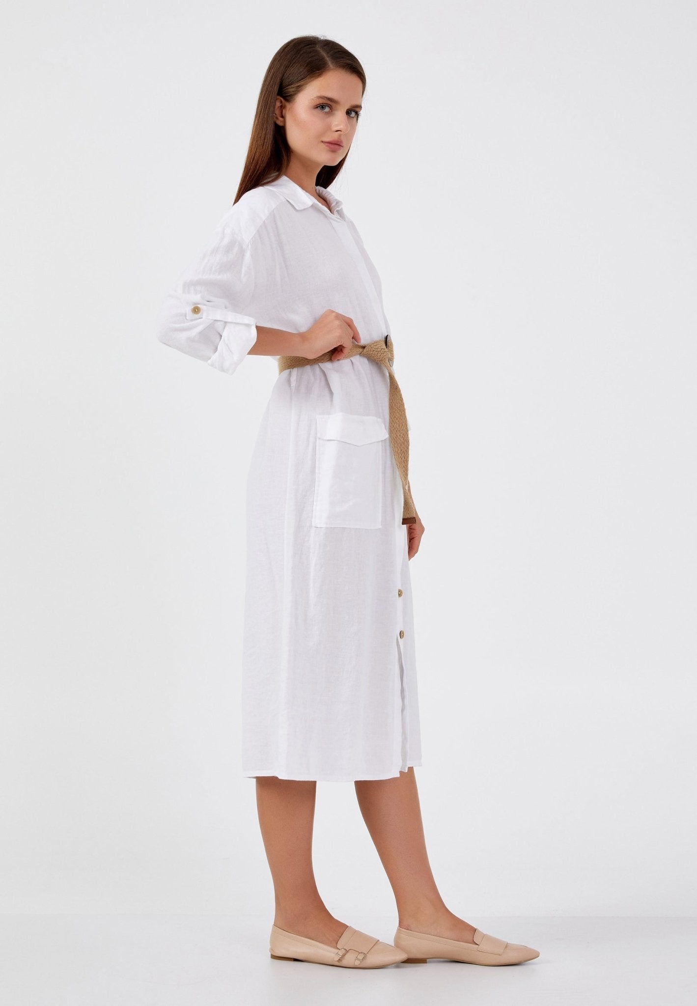 D9208 White Linen Shirt Dress - La Elegant