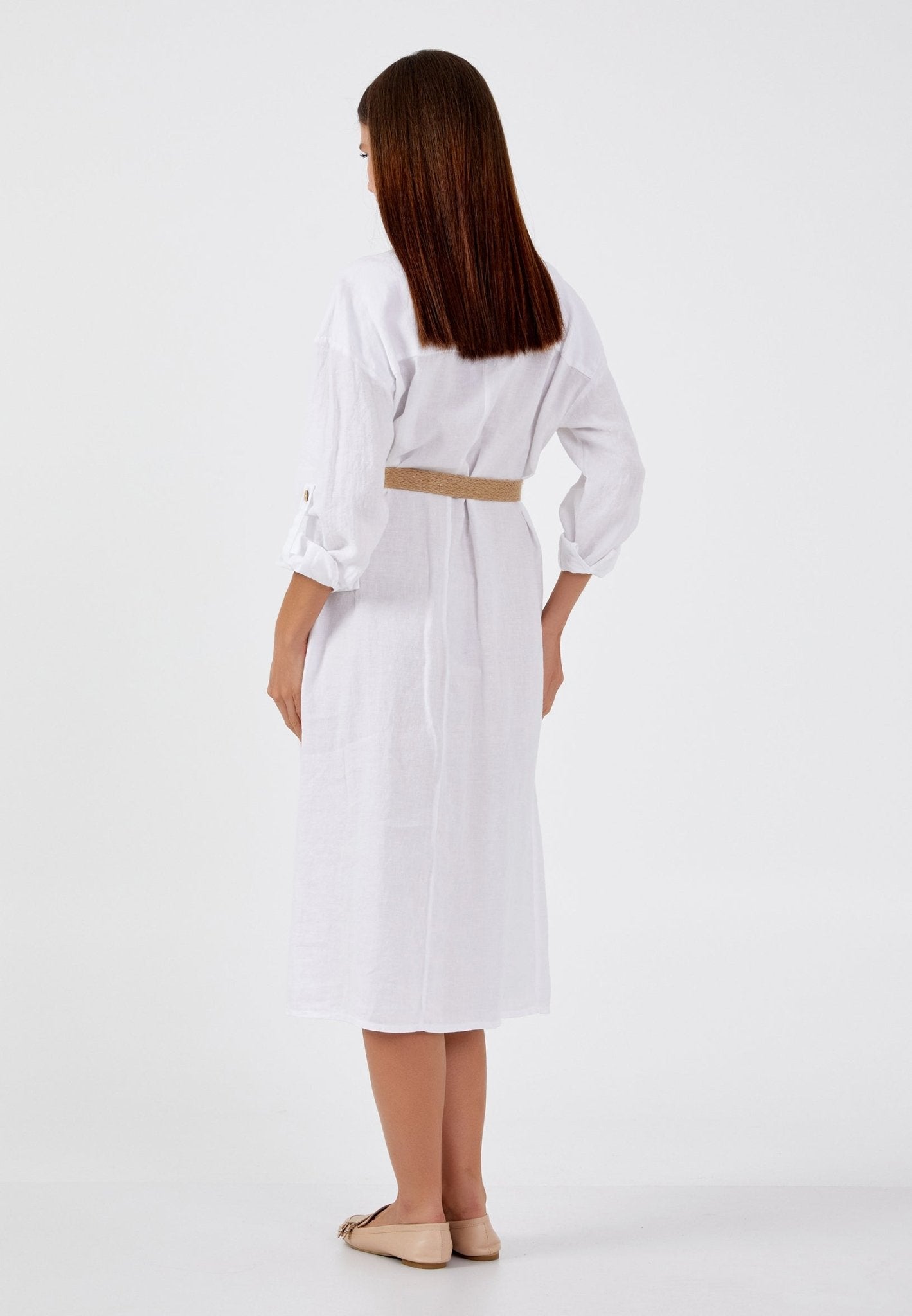 D9208 White Linen Shirt Dress - La Elegant