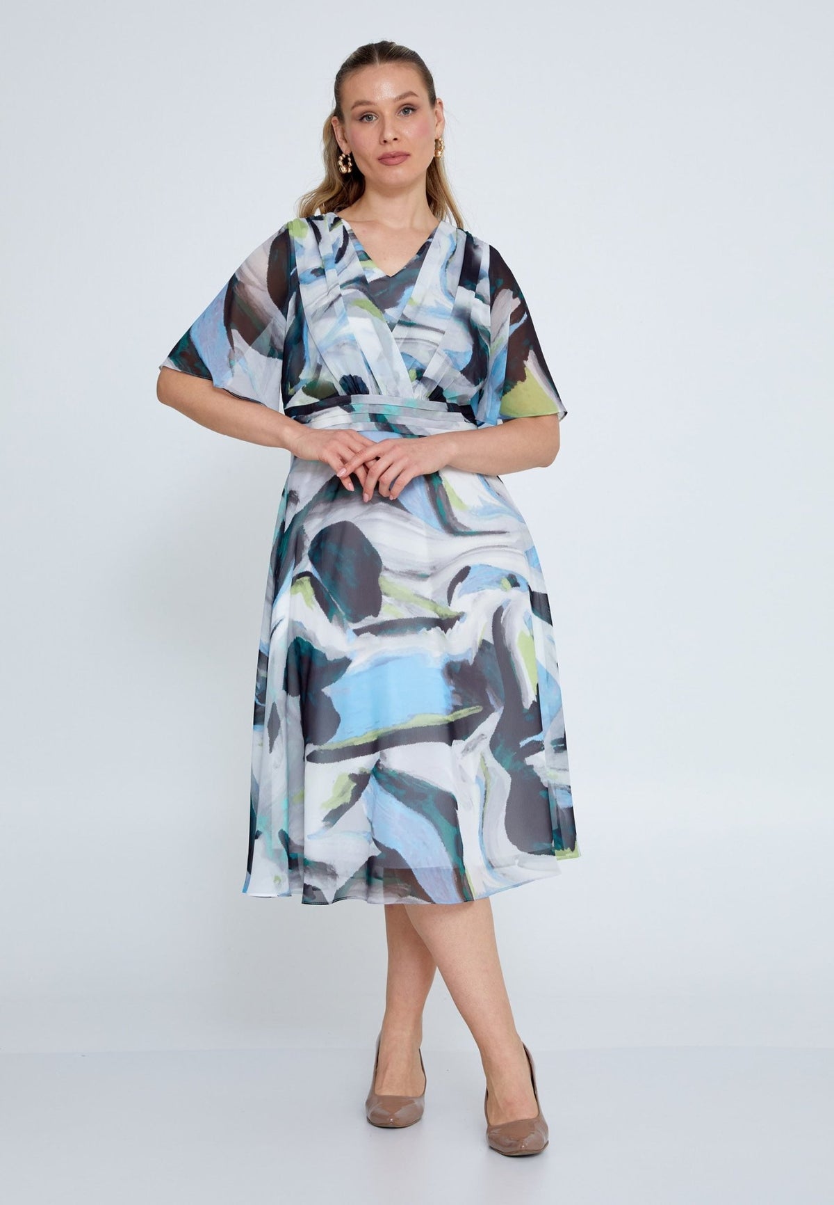 D9211 Blue Abstract Print Midi Dress - La Elegant