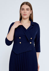 D9214 Navy Blue Office Pleated A - line - La Elegant