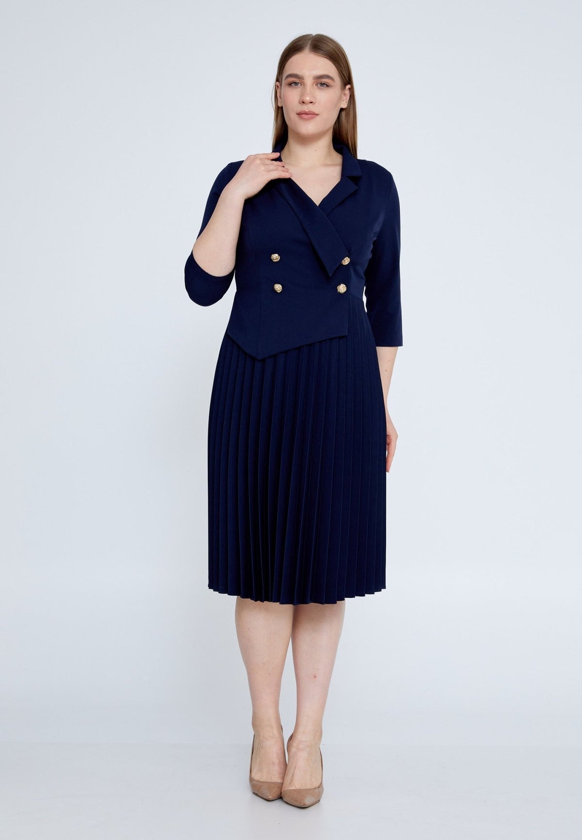 D9214 Navy Blue Office Pleated A - line - La Elegant