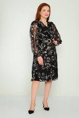 D9315 Black Chiffon Floral Midi Dress - La Elegant