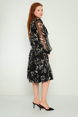 D9315 Black Chiffon Floral Midi Dress - La Elegant