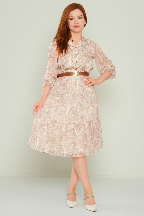 D9316 Beige Print Chiffon Midi Dress - La Elegant