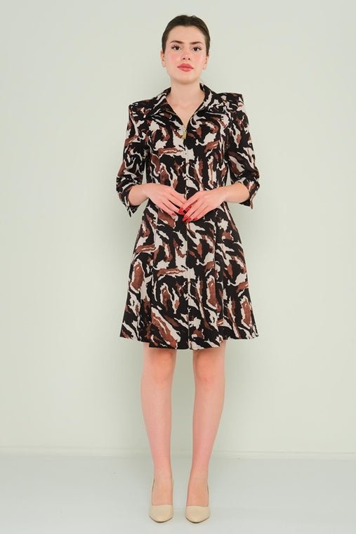 D9331 Brown Multi - Print Knee Length Dress - La Elegant