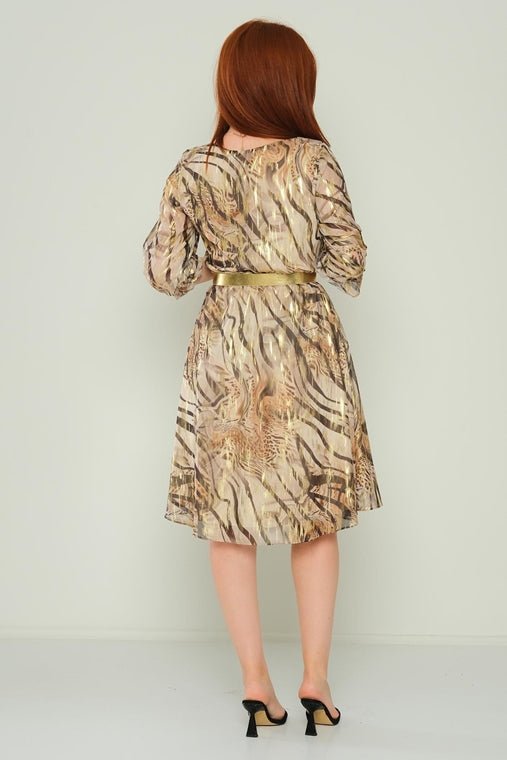 D9335 Gold Print Knee Length Dress - La Elegant