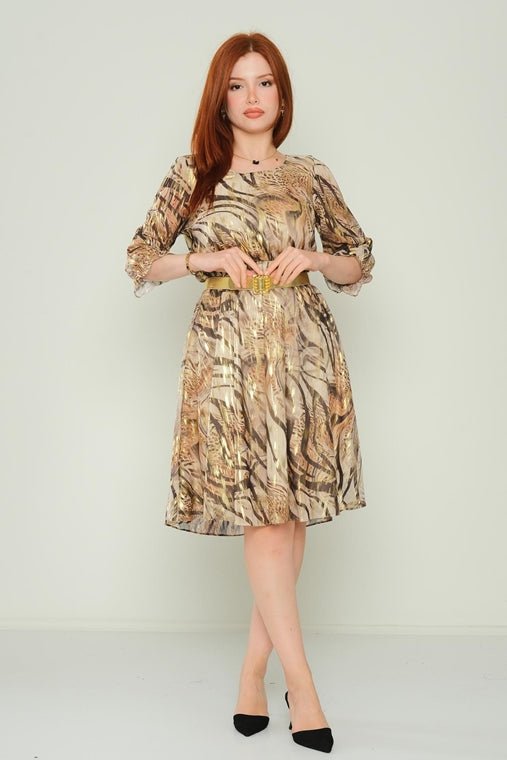 D9335 Gold Print Knee Length Dress - La Elegant