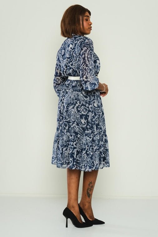 D9341 Navy Paisley Print Midi Dress - La Elegant