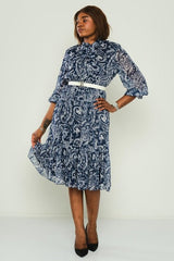 D9341 Navy Paisley Print Midi Dress - La Elegant