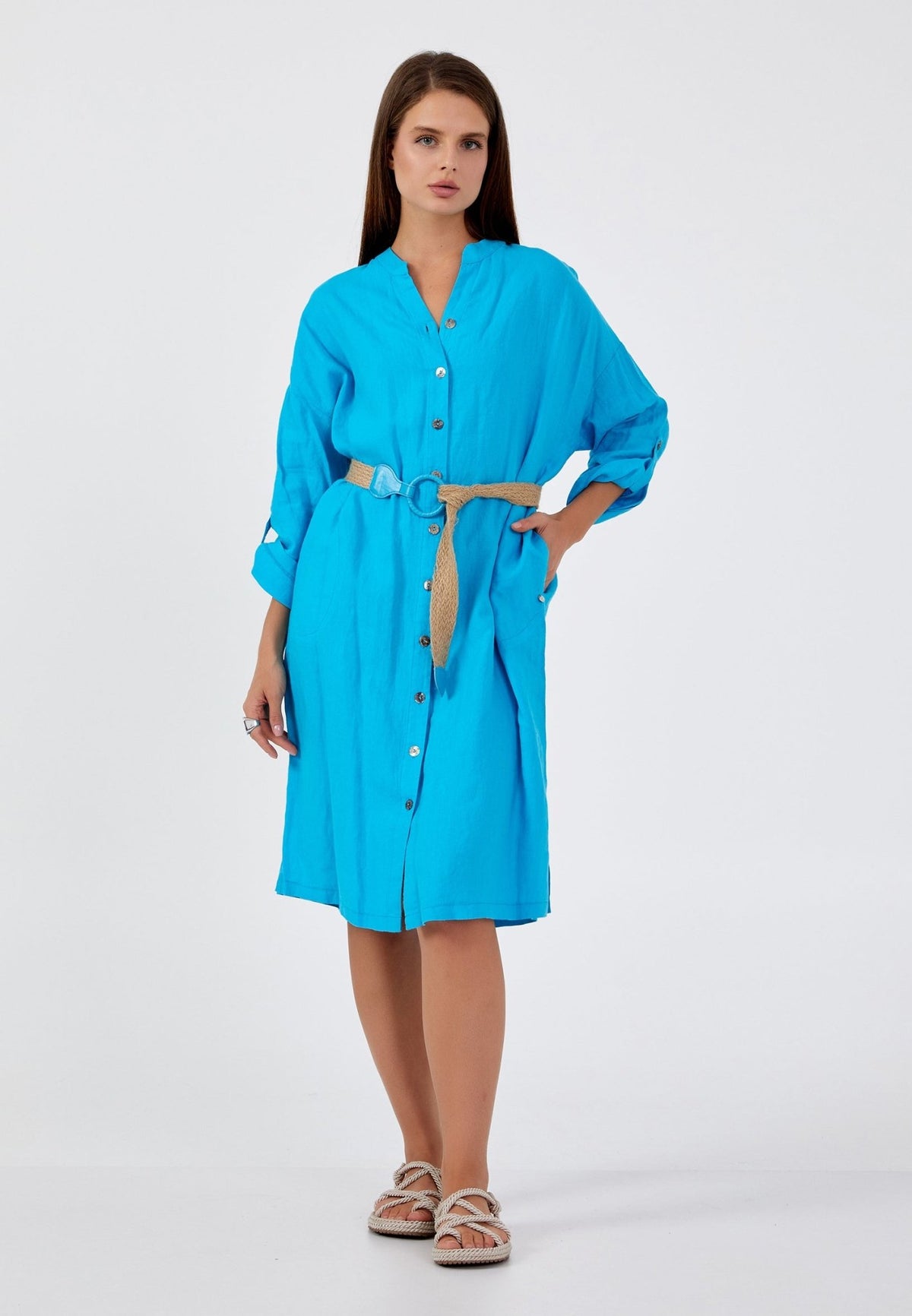 D9345 Sky Blue Linen Shirt Dress - La Elegant