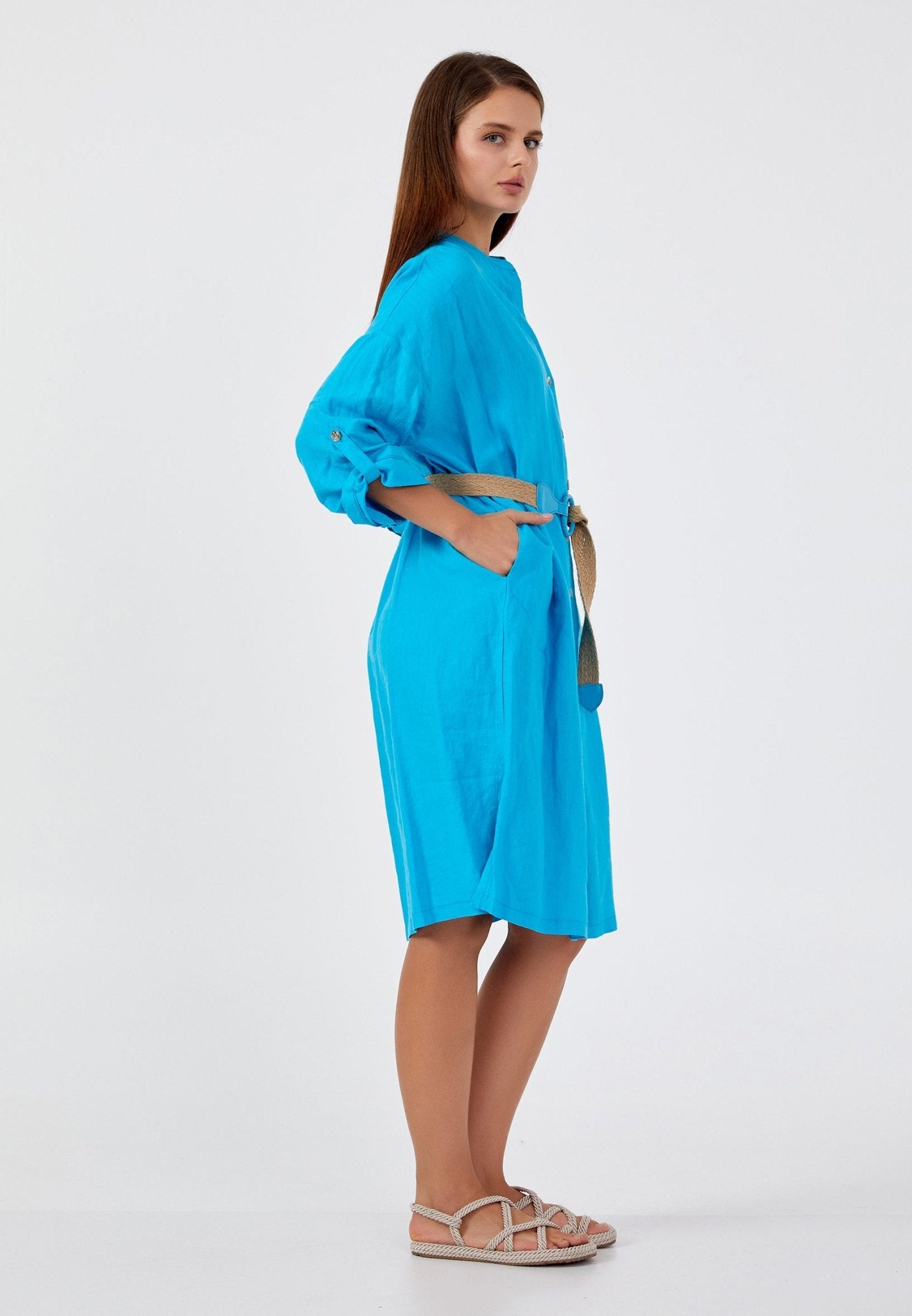 D9345 Sky Blue Linen Shirt Dress - La Elegant