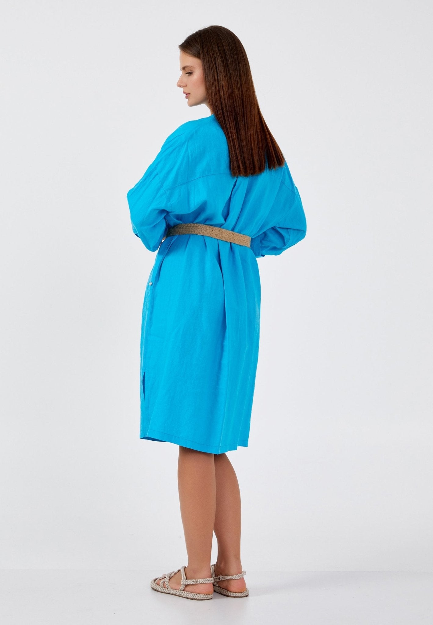 D9345 Sky Blue Linen Shirt Dress - La Elegant