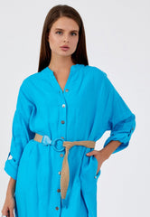 D9345 Sky Blue Linen Shirt Dress - La Elegant