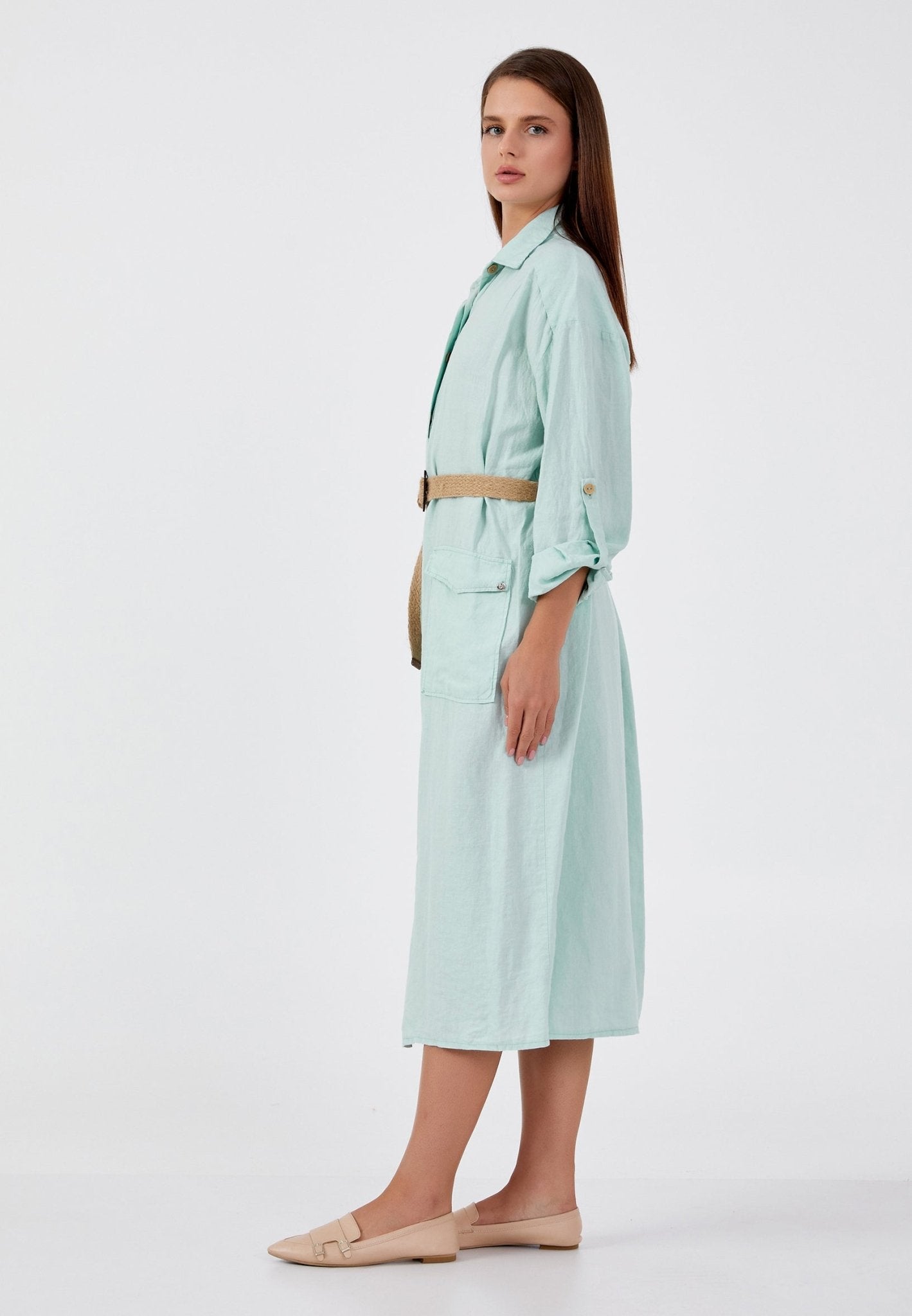 D9347 Pastel Mint Linen Shirt Dress - La Elegant