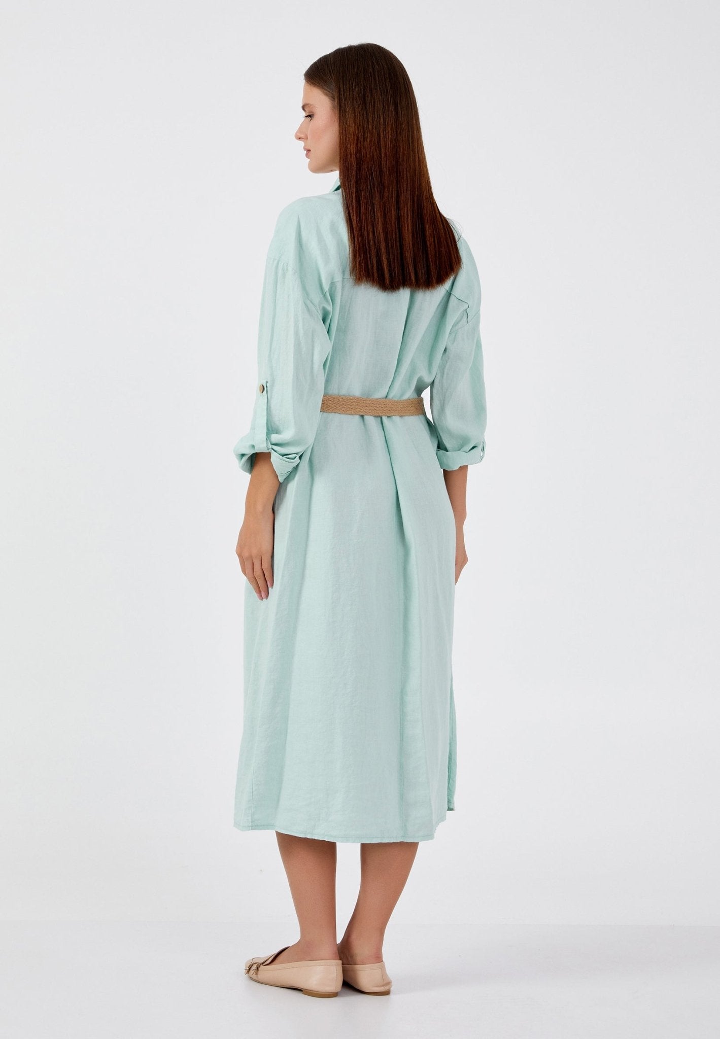 D9347 Pastel Mint Linen Shirt Dress - La Elegant