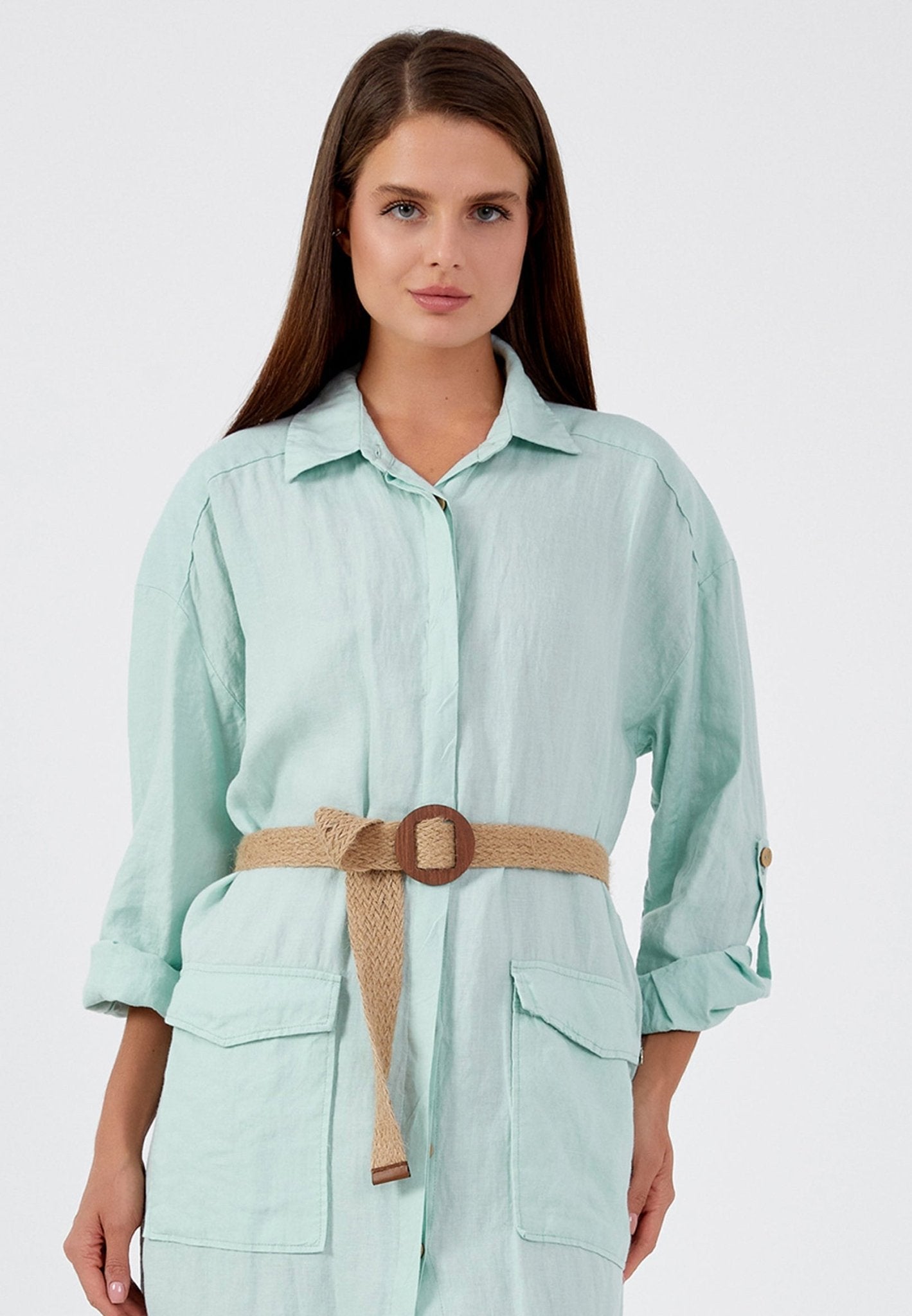 D9347 Pastel Mint Linen Shirt Dress - La Elegant