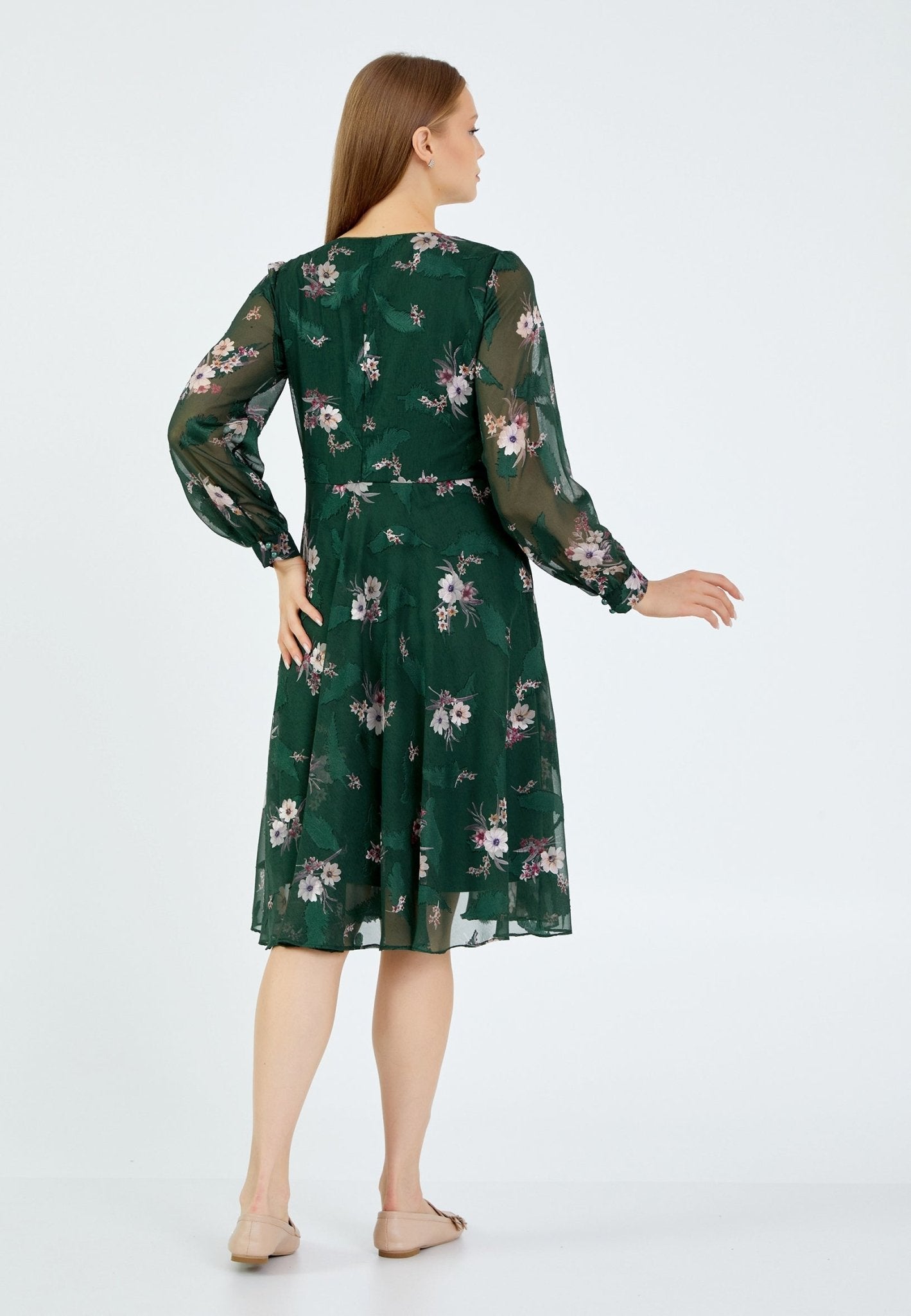 D9350 Green Floral A - Line Dress - La Elegant