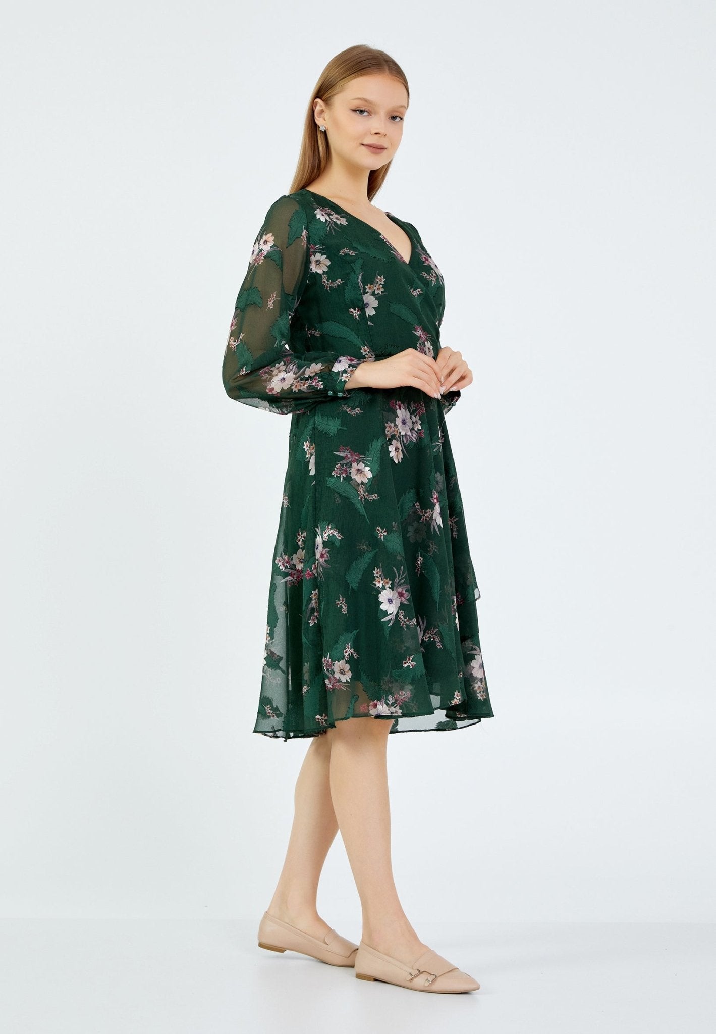 D9350 Green Floral A - Line Dress - La Elegant