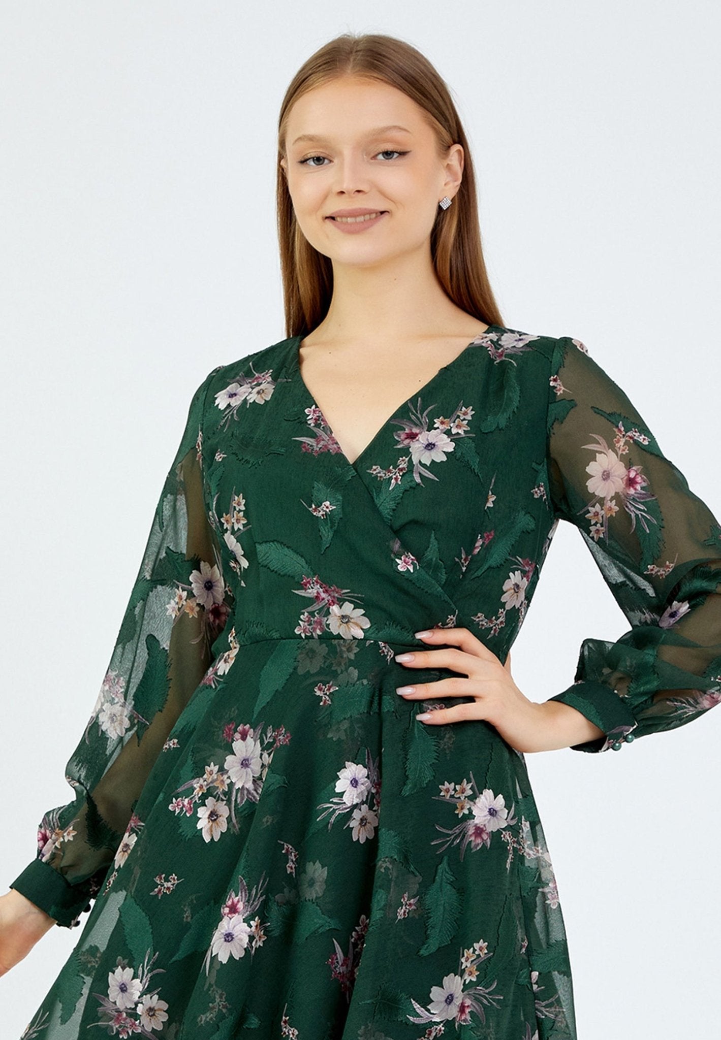 D9350 Green Floral A - Line Dress - La Elegant