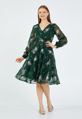 D9350 Green Floral A - Line Dress - La Elegant