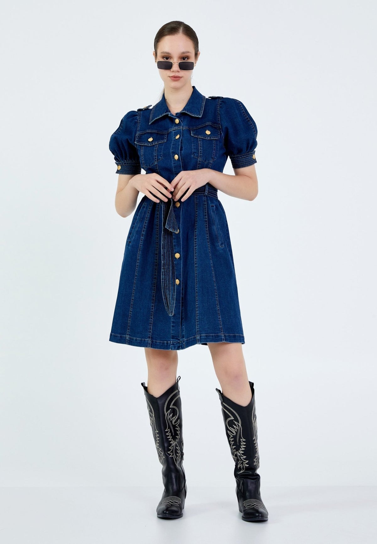 D9351 Denim Knee Length Dress - La Elegant