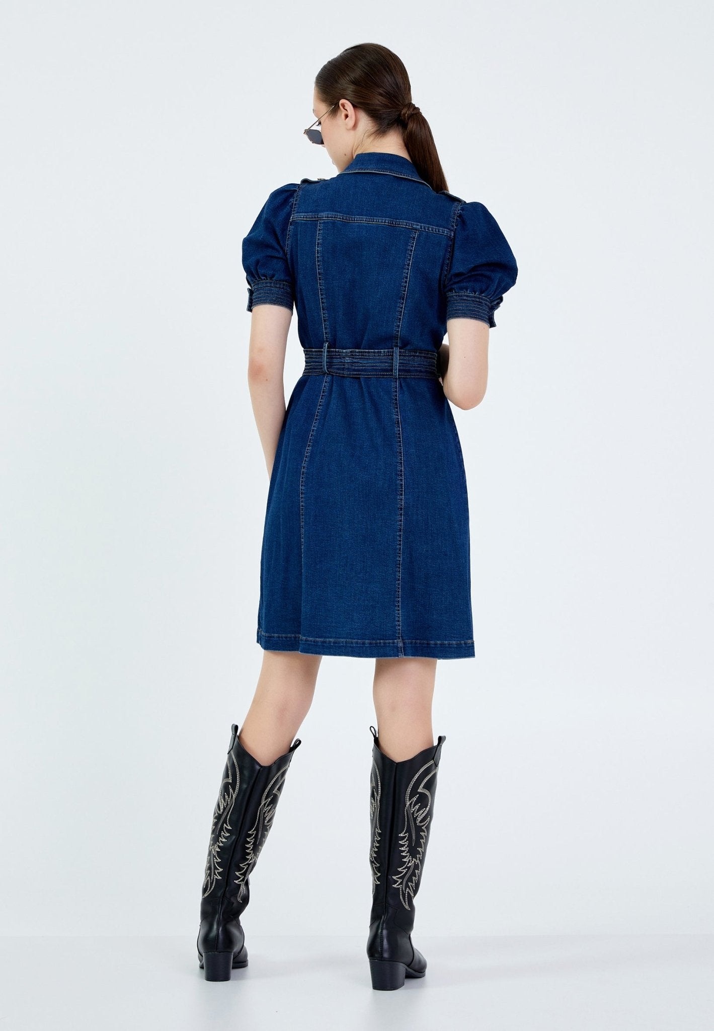 D9351 Denim Knee Length Dress - La Elegant