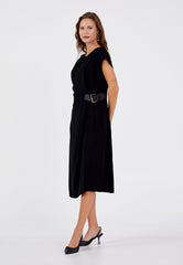 D9352 Black Midi Waist Tie Detail Dress - La Elegant