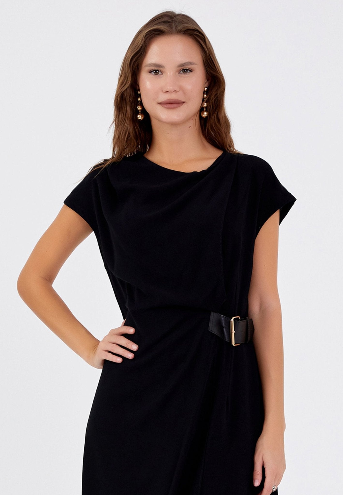 D9352 Black Midi Waist Tie Detail Dress - La Elegant