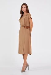 D9353 Beige Midi Waist Tie Detail Dress - La Elegant