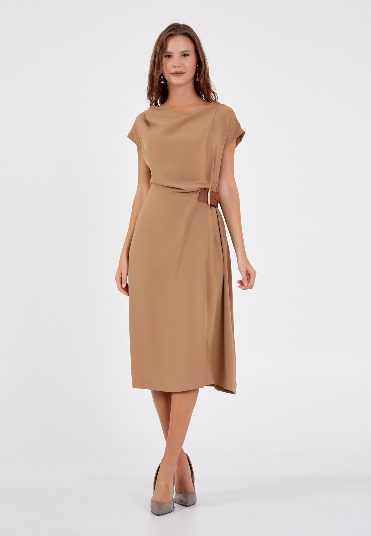 D9353 Beige Midi Waist Tie Detail Dress - La Elegant