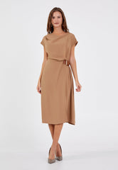 D9353 Beige Midi Waist Tie Detail Dress - La Elegant