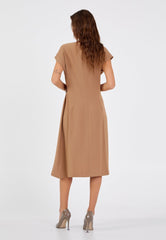 D9353 Beige Midi Waist Tie Detail Dress - La Elegant