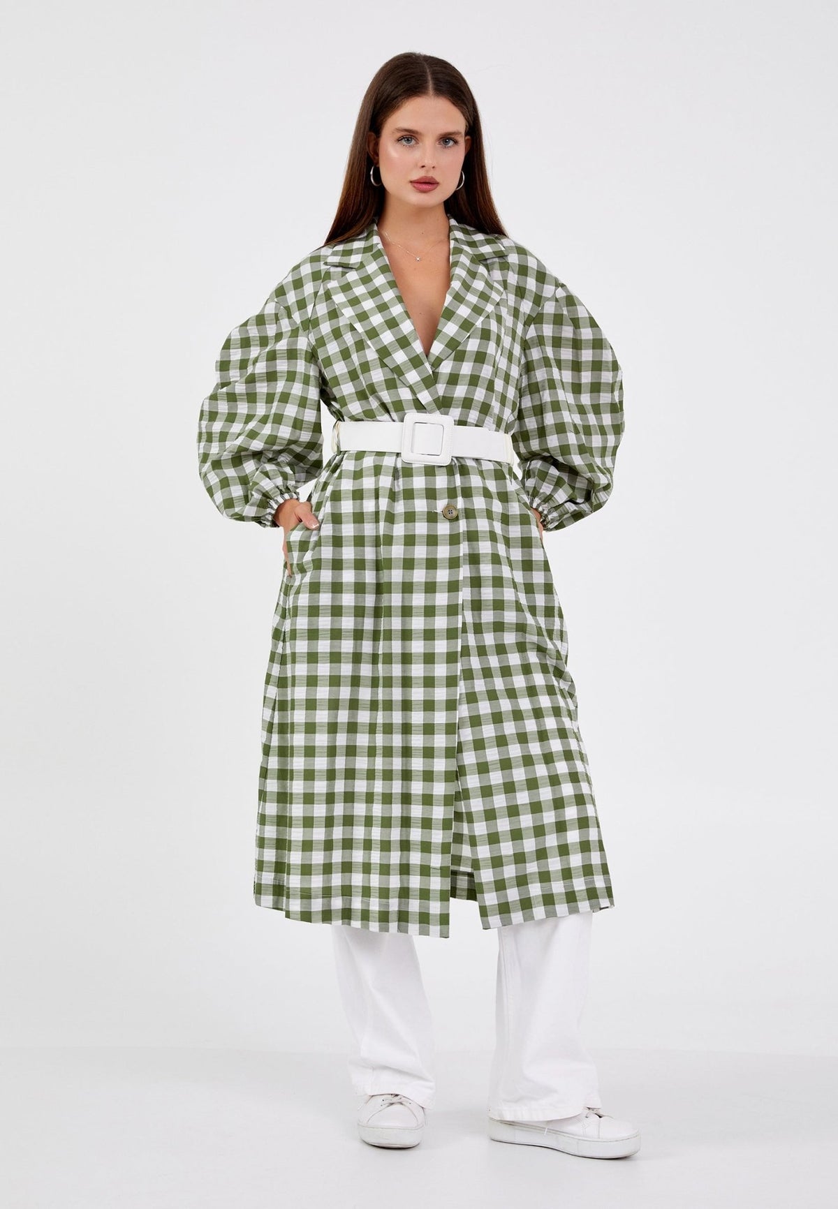 D9356 Green Checkered Trench Coat - La Elegant