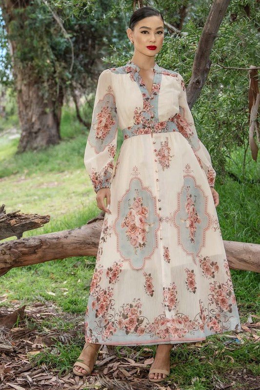 DD4001 Floral Maxi Button Down Dress - La Elegant