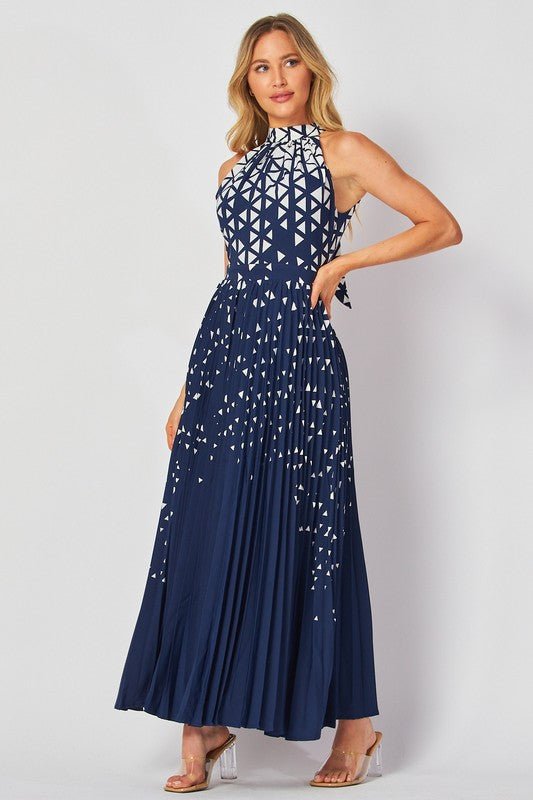 DD4045 Navy Geometric Halter Maxi Dress - La Elegant