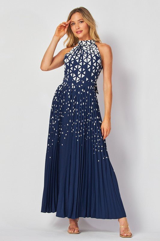 DD4045 Navy Geometric Halter Maxi Dress - La Elegant