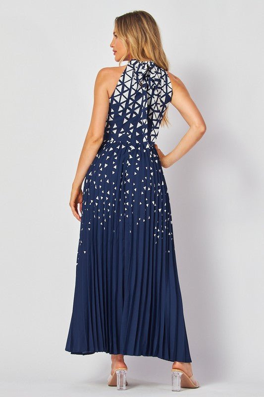 DD4045 Navy Geometric Halter Maxi Dress - La Elegant