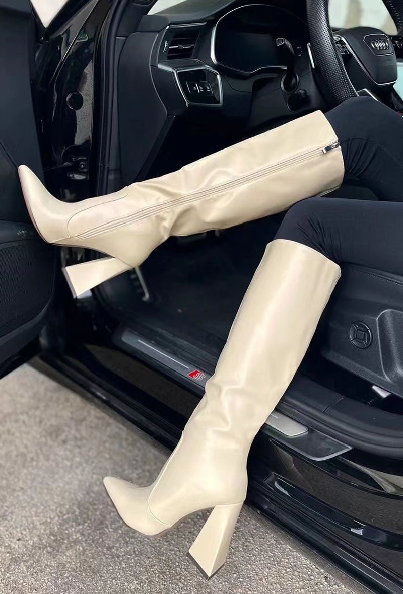 A5007 Beige Thick Heel Boots - La Elegant