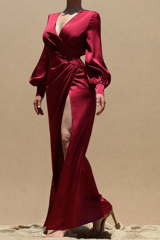D2106 Red Puff Sleeve Maxi - La Elegant