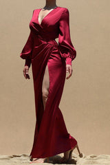 D2106 Red Puff Sleeve Maxi - La Elegant