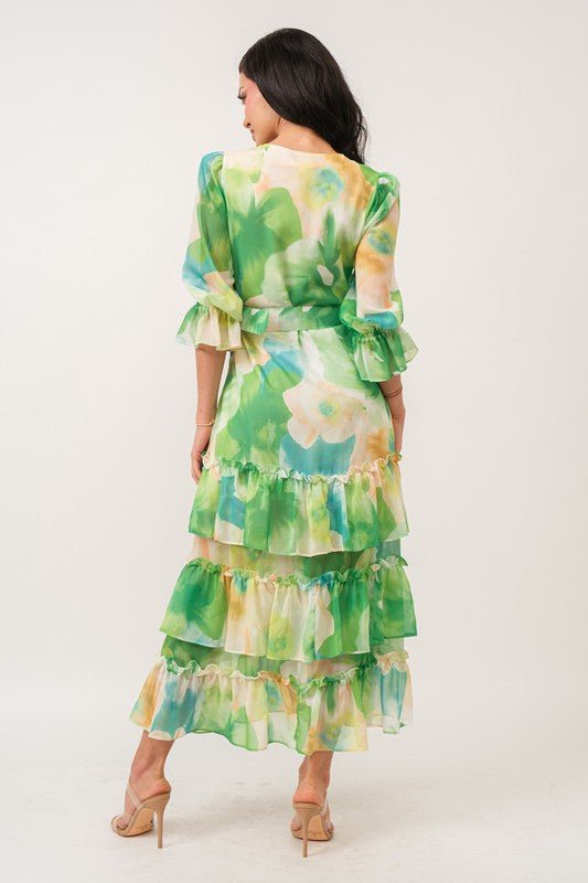 D3413 Green Chiffon Ruffle Dress - La Elegant